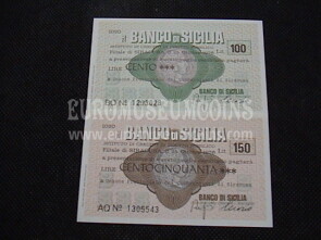 1976 Coppia di 2 Miniassegni Banco di Sicilia Unione Prov. dei Commercianti di Siracusa