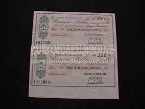 1976  Lotto di 2 Miniassegni Banca Sella Confesercenti Vercelli 26 Febbraio