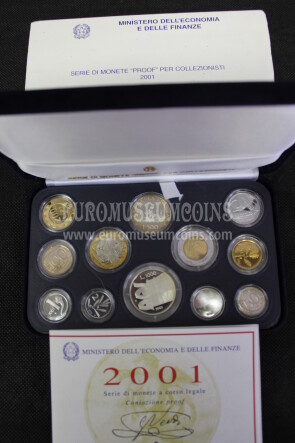 2001 Italia divisionale PROOF con il 1000 Lire Giuseppe Verdi e Caravelle in argento in confezione ufficiale
