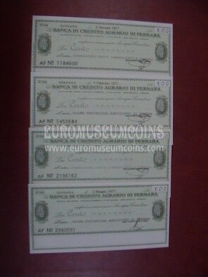 1977 Lotto di 4 Miniassegni Banca di Credito Agrario di Ferrara da Lire 100