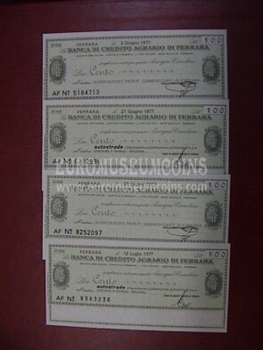 1977 Lotto di 4 Miniassegni Banca di Credito Agrario di Ferrara da Lire 100