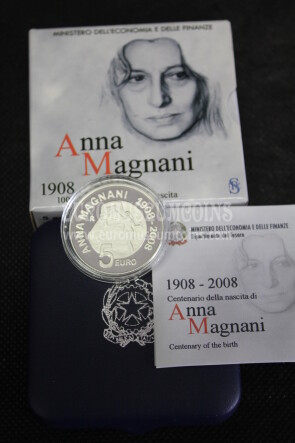 2008 Italia 5 euro proof Anna Magnani in argento con cofanetto  