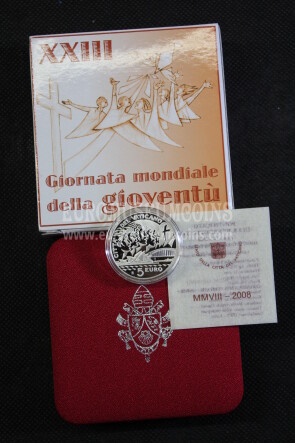 2008 Vaticano 5 Euro Proof Giornata Mondiale della Gioventù in argento con cofanetto  