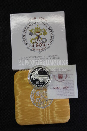 2009 Vaticano 10 Euro Proof 80° Anniversario Stato Vaticano in argento con cofanetto  