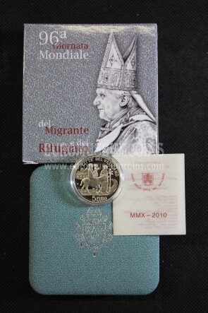 2010 Vaticano 5 Euro PROOF Giornata Mondiale del migrante e del Rifugiato in argento con cofanetto  