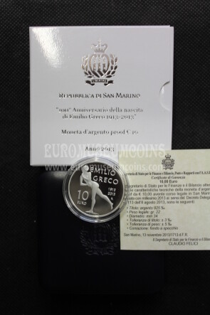 2013 San Marino 10 Euro PROOF Emilio Greco in argento con cofanetto  
