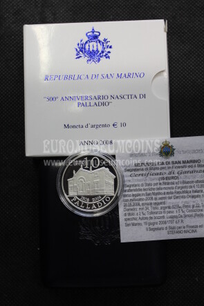 2008 San Marino 10 Euro PROOF Andrea Palladio in argento con cofanetto  
