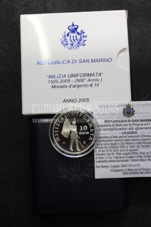 2005 San Marino 10 Euro PROOF  Milizia in argento con cofanetto  