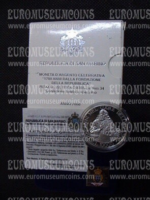 2000 San Marino 10000 Lire San Marino 1700 Anni Fondazione Repubblica argento Proof