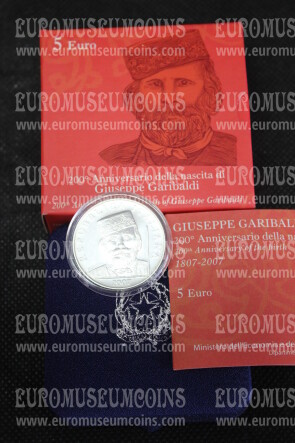 2007 Italia 5 Euro FDC GARIBALDI in argento con cofanetto  