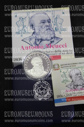 2008 Italia 5 Euro PROOF ANTONIO MEUCCI in argento con cofanetto  